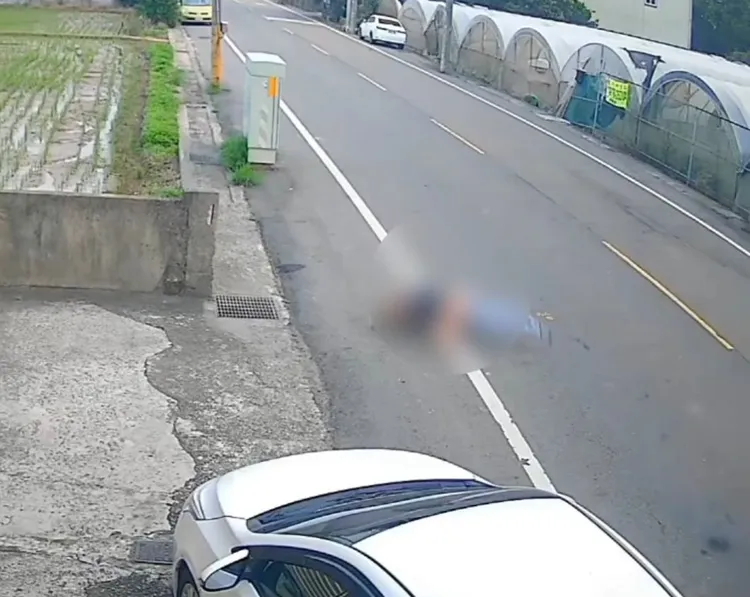 女子跳車後滾落地面。大園警分局提供