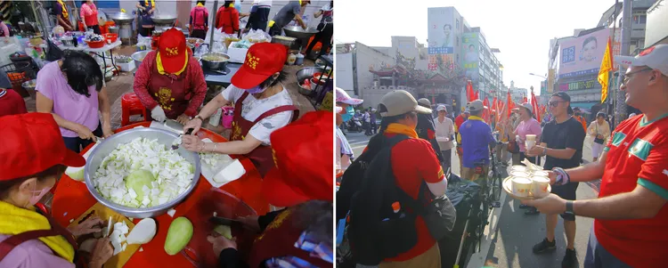 沿途熱情的民眾、宮廟團體、店家提供餐飲慰勞跟轎信眾，無私付出分享「知福、惜福」。