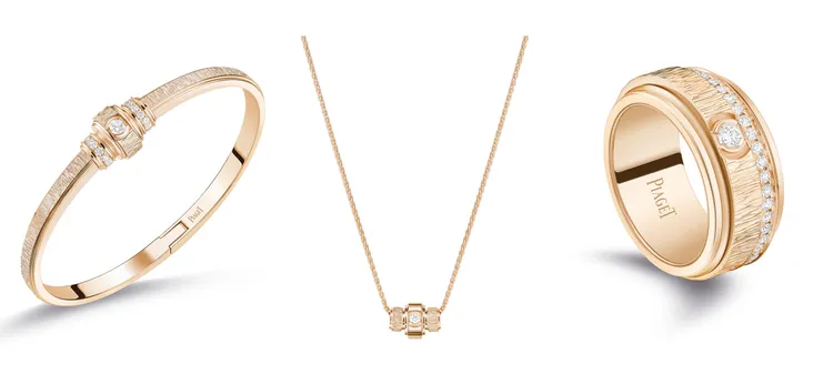 PIAGET Possession系列（左至右）18K玫瑰金宮廷式雕刻飾紋鑽石手鐲，39萬元；18K玫瑰金宮廷式雕刻飾紋鑽石項鍊，18萬7000元；18K玫瑰金宮廷式雕刻飾紋鑽石寬版戒指，32萬3000元。品牌提供
