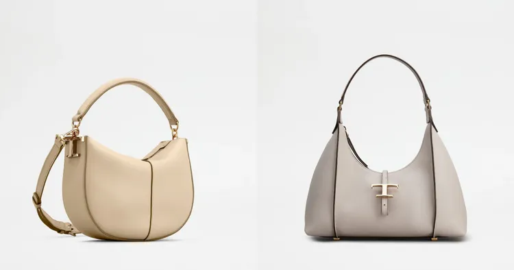 ▲ 圖左：TOD'S T Case米白色迷你HOBO包（NT68,900）/ 圖右：TOD'S T Timeless灰色HOBO包（NT64,900）