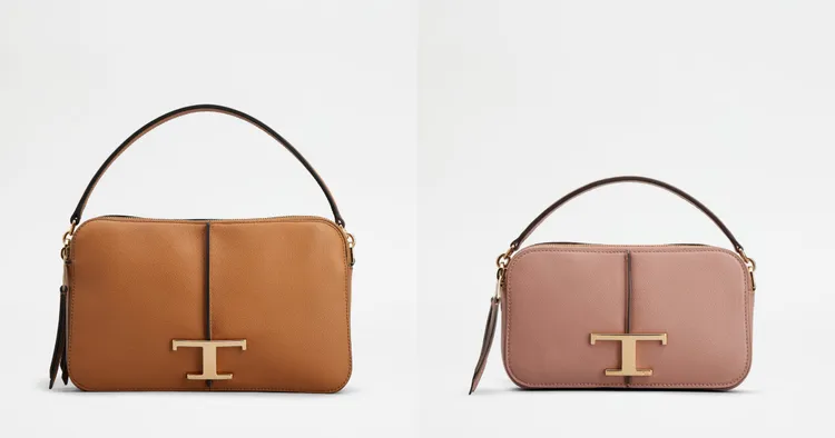 ▲ 圖左：TOD'S T Timeless棕色小型相機包（NT70,900）/ 圖右 : TOD'S T Timeless玫瑰色迷你相機包（NT63,700）