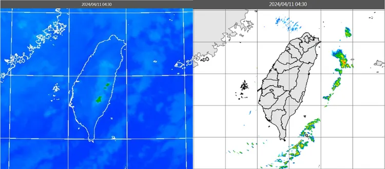 今（11）日清晨4時30分紅外線色調強化雲圖顯示，台灣上空台灣上空有少量雲層（左）；雷達回波合成圖顯示，陸上無降水回波（右）。氣象應用推廣基金會