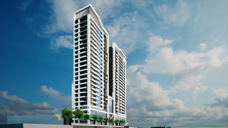 未來基地預計興建1幢2棟地上24層及地下5層的集合式大樓。模擬圖