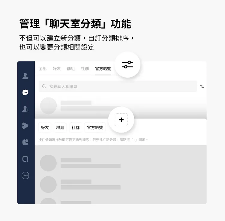 把LINE中的群組做好分類管理。LINE提供。