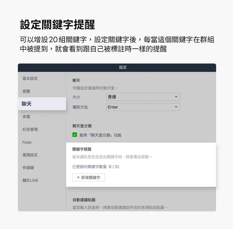 設定好關鍵字，讓自己不錯過重要訊息。LINE提供。