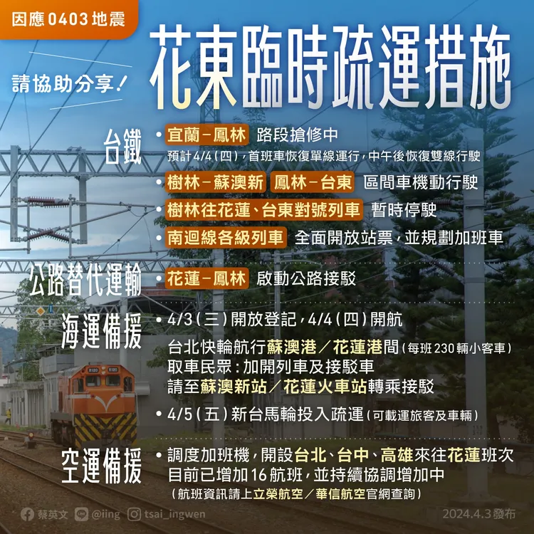 花東臨時疏運措施。取自蔡英文臉書