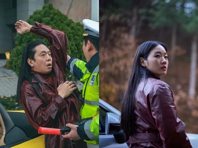 朴智煥（左圖）回歸《犯罪都市4》，被網友發現撞衫《破墓》金高銀的打扮。車庫娛樂提供