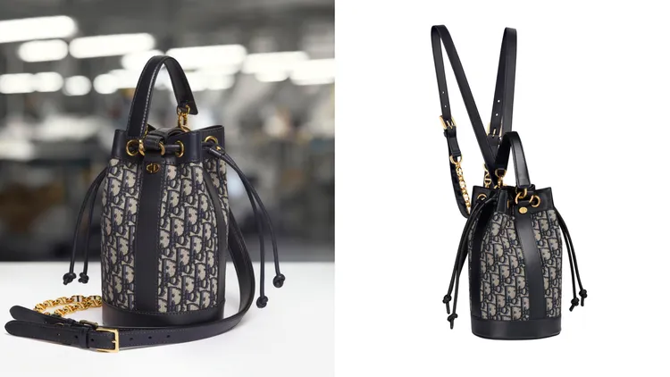 DIOR Backpack Oblique圖騰與藍色小牛皮背包，13萬5000元。品牌提供