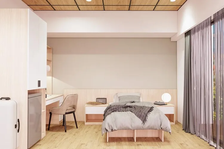 世新大學「新苑宿舍」套房1學期住宿費9萬元，有落地窗與陽台。翻攝世新大學網站