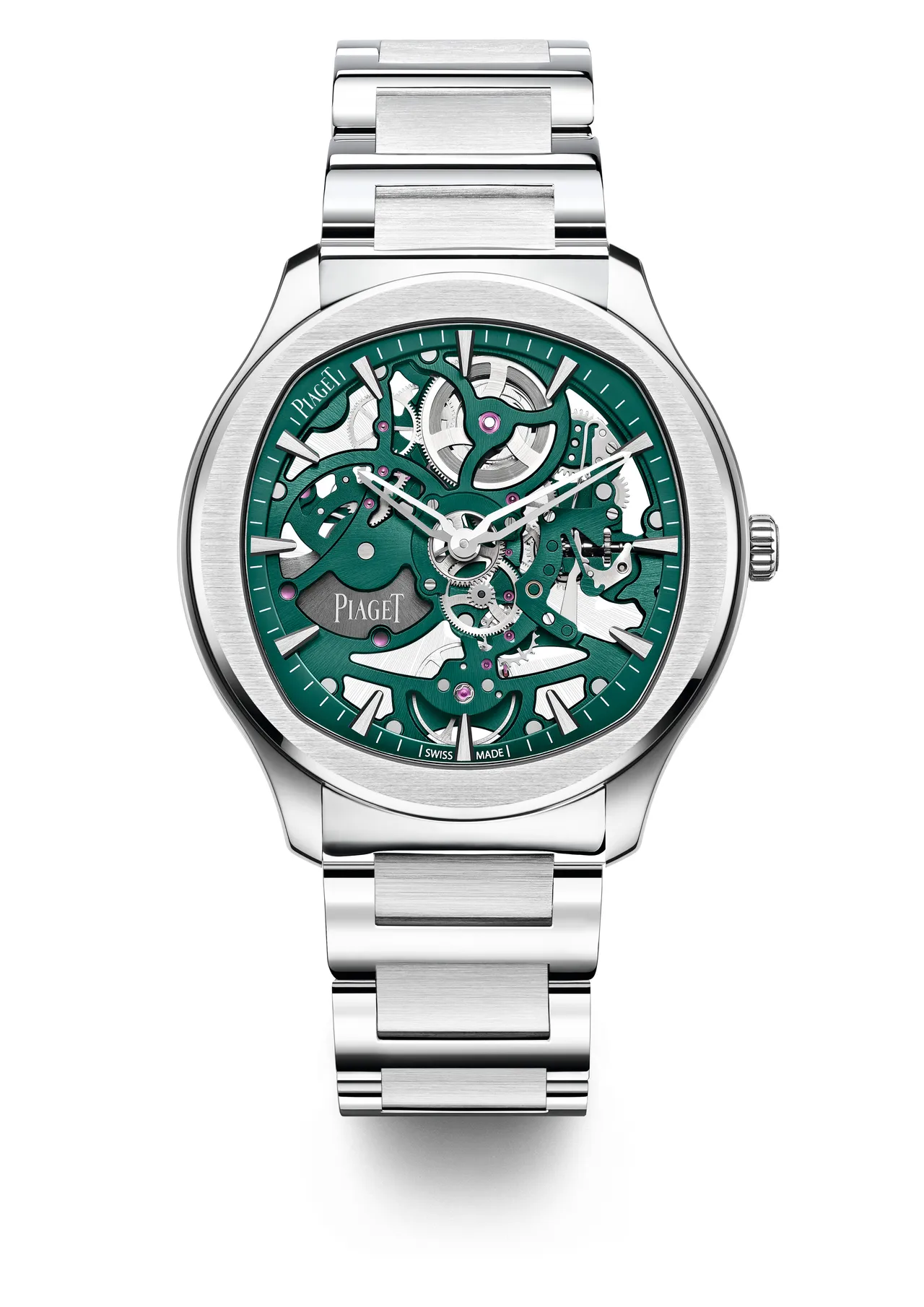 伯爵Polo系列孔雀綠鏤空超薄精鋼腕錶，42mm，精鋼錶殼，孔雀綠鏤空錶盤，快拆式精鋼鍊帶另附頂級鱷魚皮錶帶，伯爵1200S1自動上鍊鏤空自製機芯，動力儲存約44小時。109萬元。品牌提供