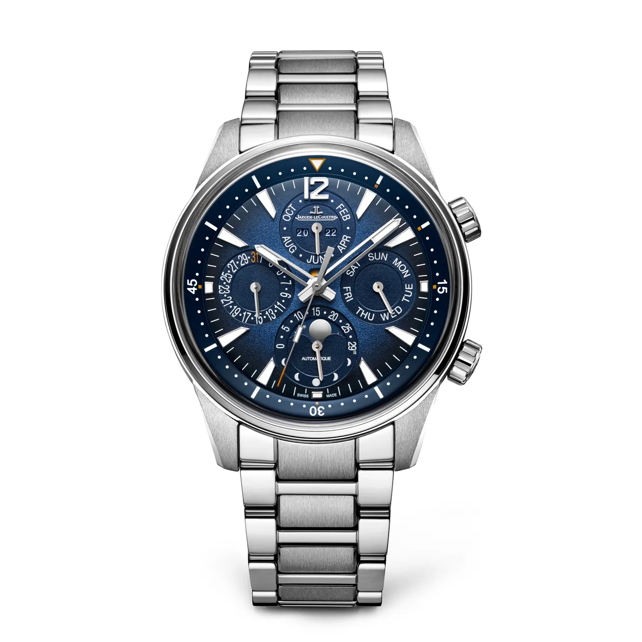 積家Polaris Perpetual Calendar萬年曆腕錶，42mm，精鋼錶殼，漸變藍色漆面錶盤，可替換精鋼鍊帶和橡膠錶帶，積家868AA型自動機械機芯，動力儲存70小時，防水深度100米，116萬元。品牌提供