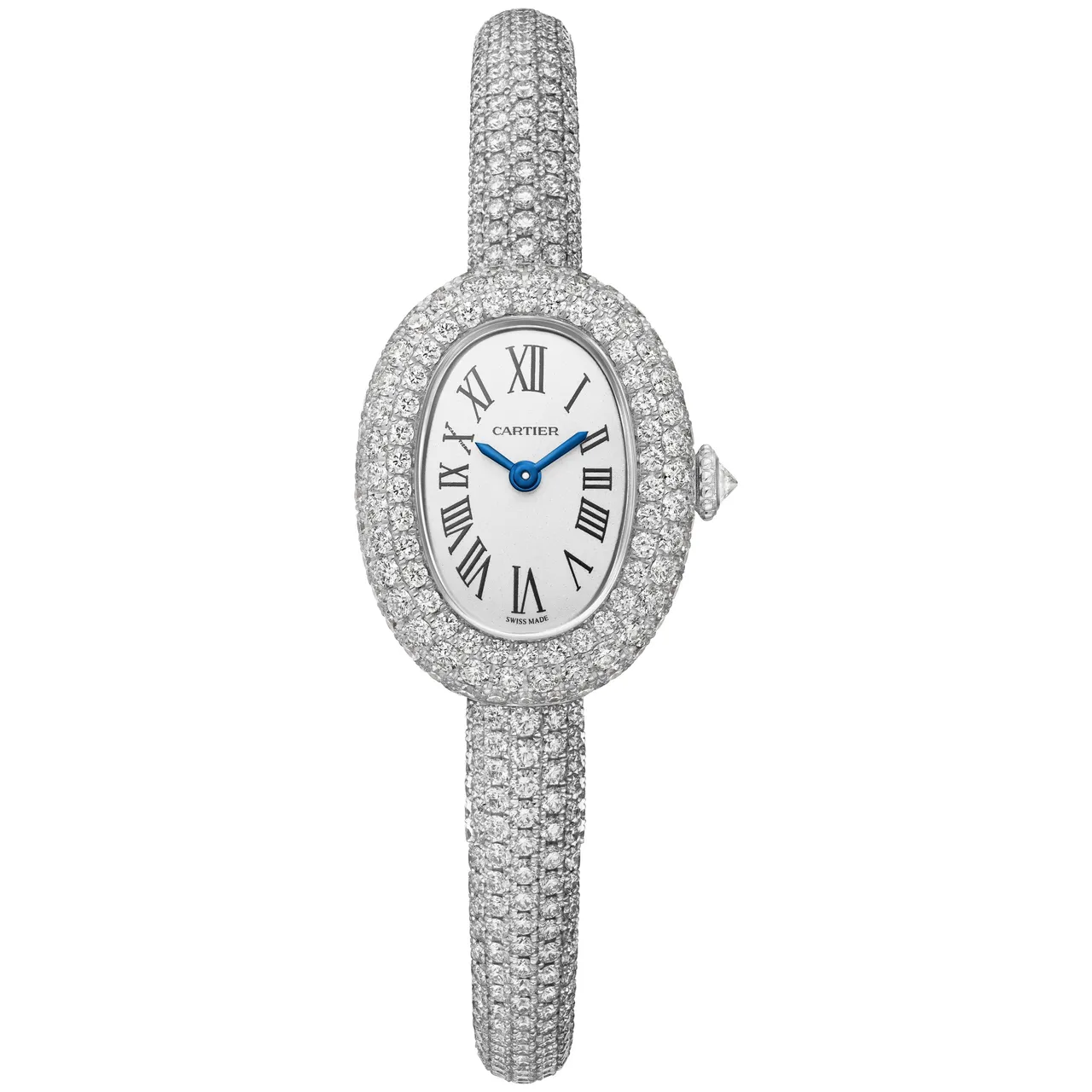 卡地亞Baignoire de Cartier腕錶迷你款，24.6 x 18.7mm，18K白金錶殼，鍍銀錶盤，石英機芯，防水深度30米，156萬元。品牌提供