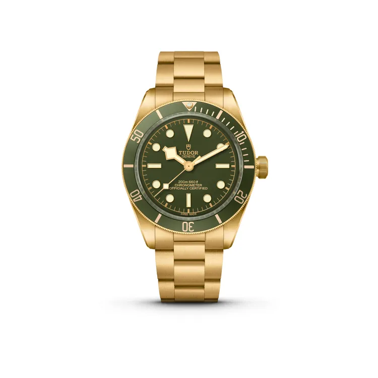 帝舵Black Bay 58 18K，39mm，18K黃金錶殼，啞綠色錶面，18K黃金三鏈節錶帶，原廠MT5400機芯，防水深度200米，102萬2000元。品牌提供