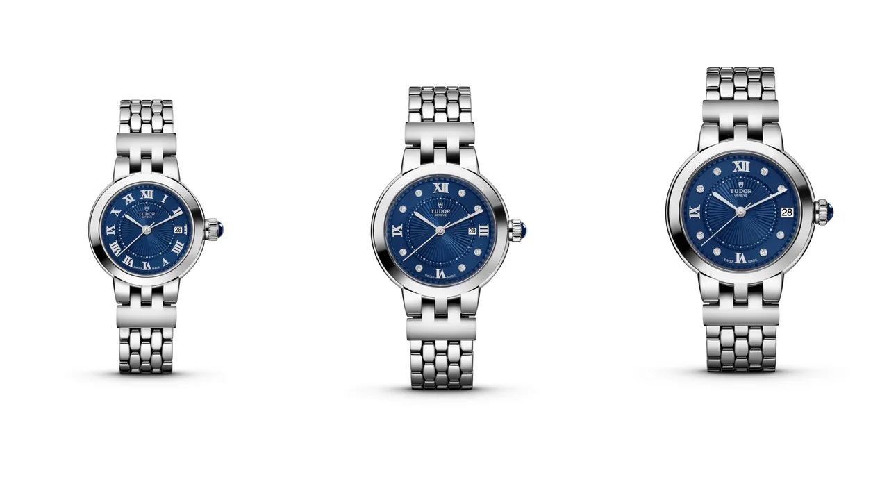 帝舵Clair de Roes,26/30/34mm,磨光不鏽鋼錶殼,藍色或蛋白色無鑽/鑲鑽錶面,不鏽鋼五鏈節錶帶,自動上鍊機芯T201型,防水深度100米,8萬元至10萬7500元。品牌提供