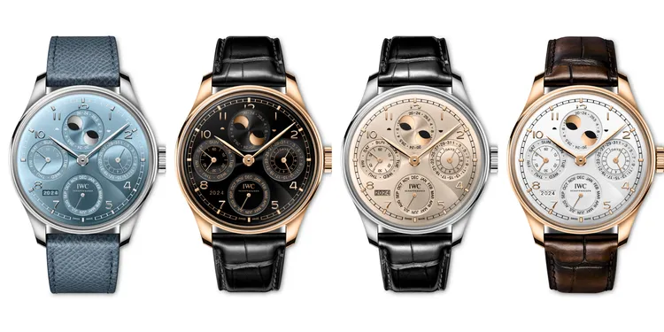 IWC葡萄牙系列萬年曆腕錶，44.4mm，18K白金/18K Armor Gold紅金錶殼，地平線藍/大地色/曜石黑/銀月色錶面，Santoni漸變藍色小牛皮/黑色鱷魚皮/棕色鱷魚皮錶帶，自製機芯52616，動力儲存7日，防水深度50米。品牌提供