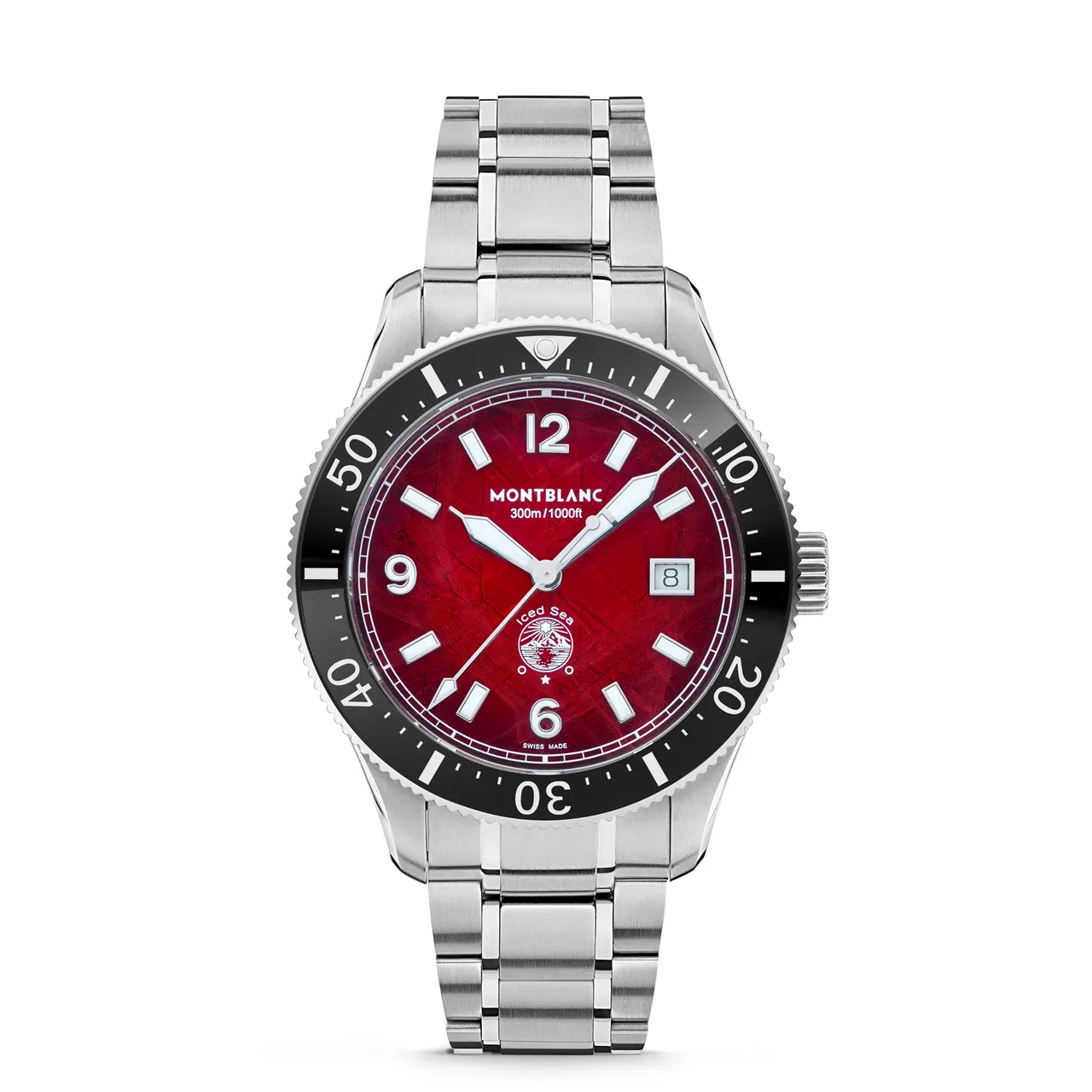萬寶龍Iced Sea系列日期顯示腕錶,精鋼錶殼,勃根地紅色冰河圖案錶面,黑色可替換精鋼錶帶,MB 24.17/SW200自動上鍊機芯,動力儲存38小時,防水深度300米,11萬2600元。品牌提供