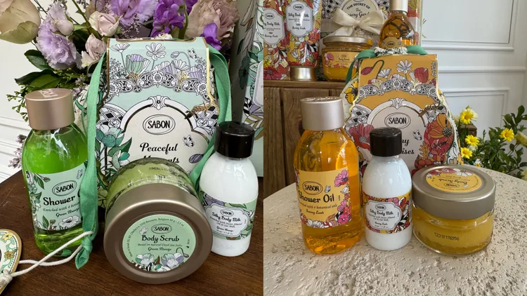 SABON感官境遇明星三部曲禮盒，包含100ml沐浴油、60g身體磨砂膏、50mll絲綢身體乳液，1580元。張家玲攝