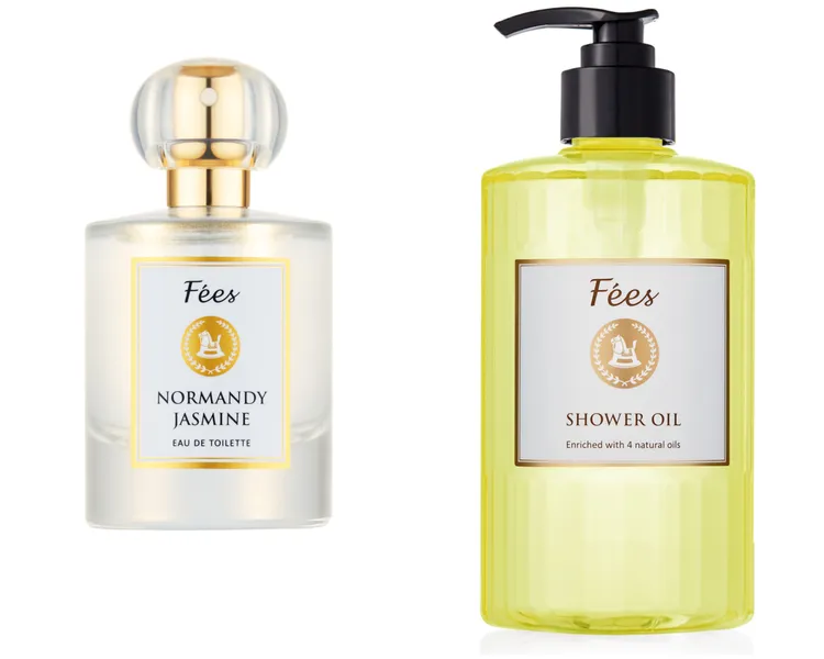 Fées諾曼第茉莉淡香水（左）50ml／1580元、沐浴油（右）520ml／1280元。品牌提供