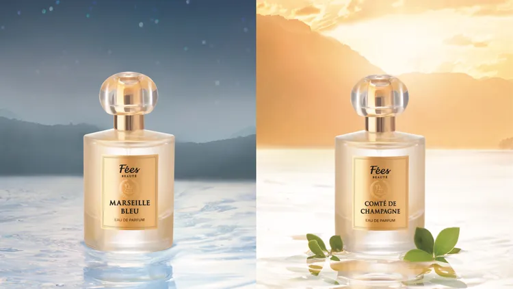 Fées碧藍馬賽淡香精（左），檸檬、胡椒、水生香、雪松、檀香；香檳伯爵淡香精（右），佛手柑、茶、桃子、無花果、雪松，30ml／2280元、50ml／2980元。品牌提供