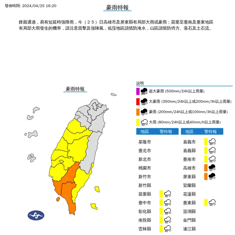 11縣市豪、大雨特報。氣象署提供