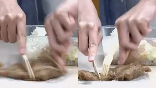 糗爆影片|直播推廣環保餐具 肉沒斷「叉子1分鐘內秒斷再斷」