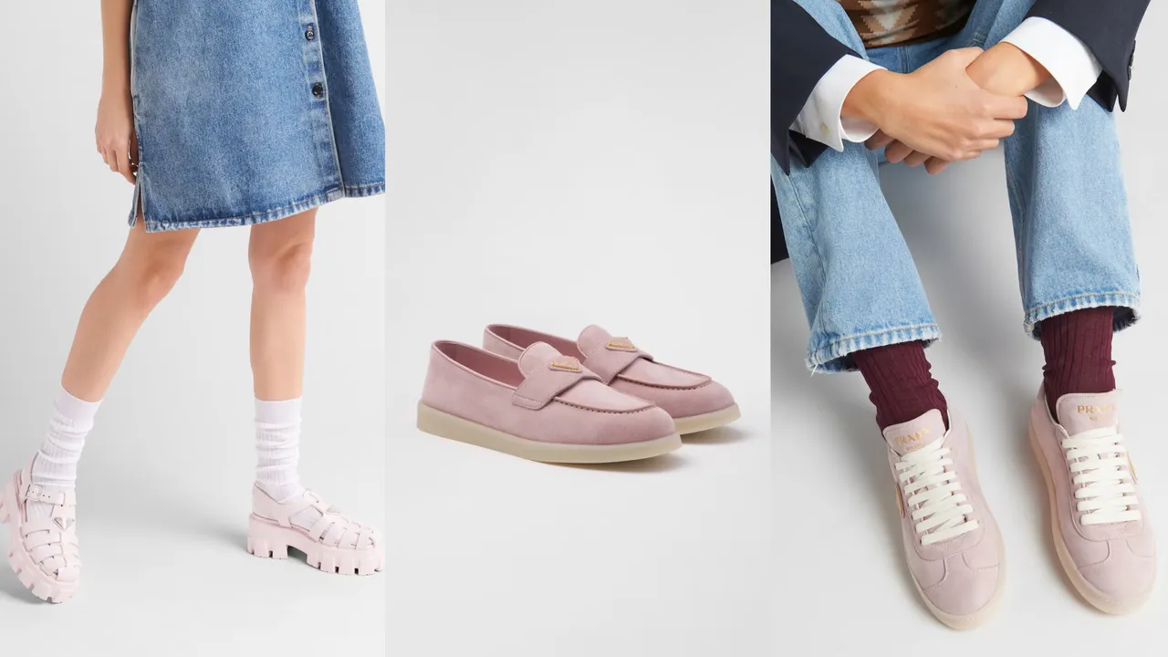 PRADA母親節鞋款推薦,(左起)橡膠Monolith涼鞋3萬元、麂皮無帶便鞋3萬6000元、麂皮運動鞋3萬6000元。品牌提供