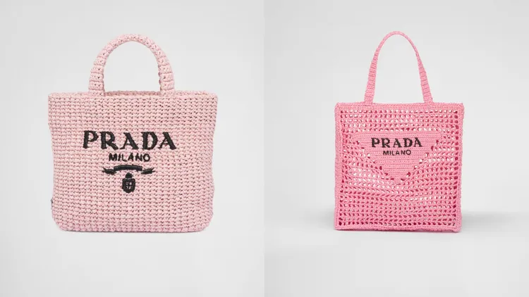 PRADA小號拉菲草手提包（左圖）5萬8000元、拉菲草手提包（右圖）6萬9000元。品牌提供