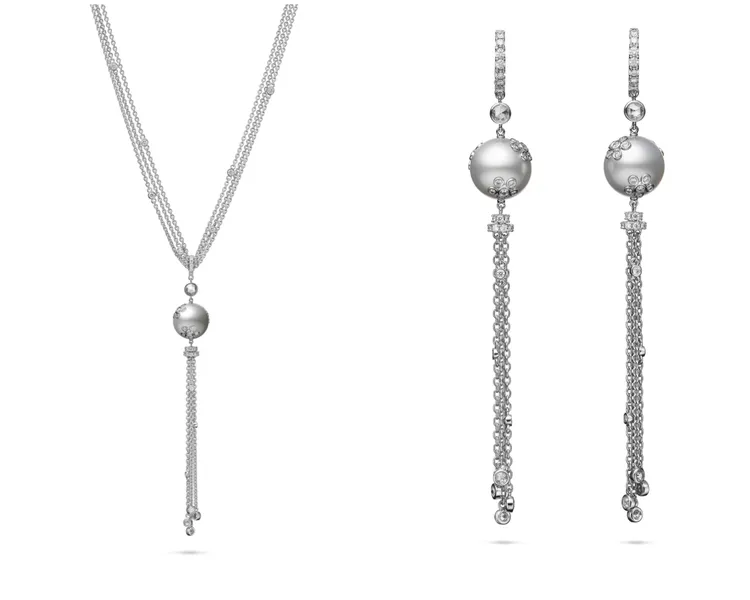 南洋珍珠鑽石流蘇項鍊（左）119萬元、耳環（右）124萬元。品牌提供