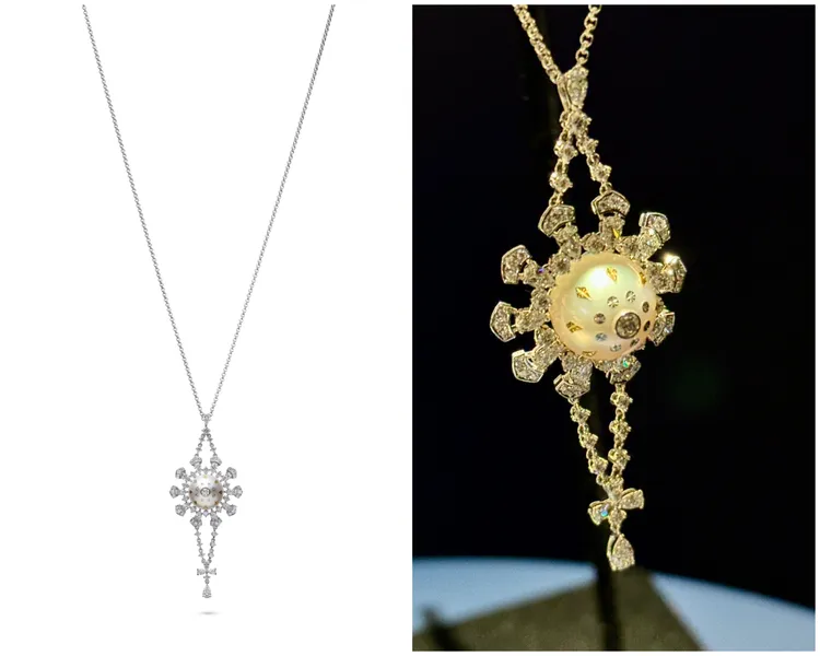 南洋珍珠鑽石墜鍊於珍珠上使用了Piqué工藝，24萬元。左圖品牌提供、右圖張家玲攝