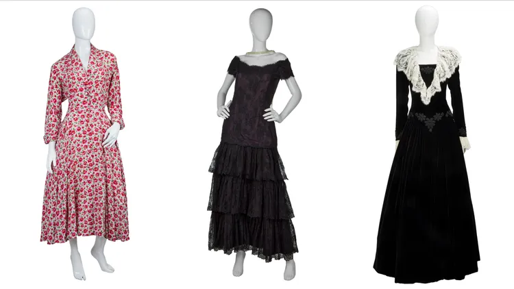 The Chelsea
Design Company設計的粉紅色碎花連身裙（左起）、Victor Edelstein佛朗明哥舞裙風格洋紅色絲綢蕾絲禮服、Victor Edelstein為她設計的另套禮服。品牌提供
