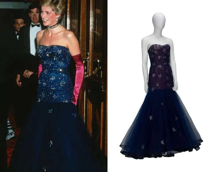 Murray Arbeid午夜藍色無肩帶薄紗鑽石星星圖案禮服，估價約20萬至40萬美元（約639萬至1279萬台幣）。品牌提供