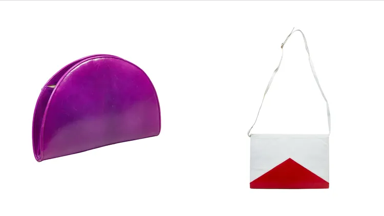 Rayne紫色半圓形皮革手拿包（左圖），Rayne紅白雙色信封形皮革手拿包（右圖），皆估價約2000至4000美元（約6萬4000元至12萬7000元台幣）。品牌提供