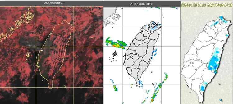 今（9）日清晨4時20分真實色雲圖顯示，台灣上空有鬆散的雲層通過（左）；4時30分雷達回波合成圖顯示，雲層伴隨零星降水回波（中）；4時30分累積雨量圖顯示，北部、東半部有局部降雨（右）。氣象應用推廣基金會