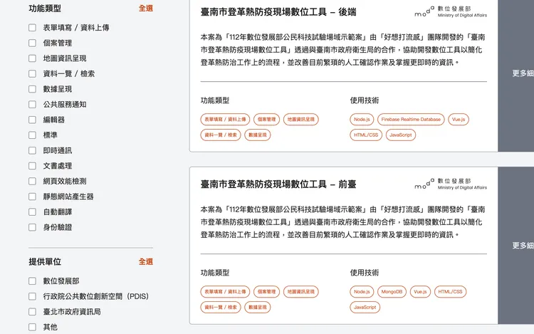 公共程式平臺網站包括開放資料平臺前端在內共有15類22個公共程式可自由取用。翻攝公共程式平臺網站。