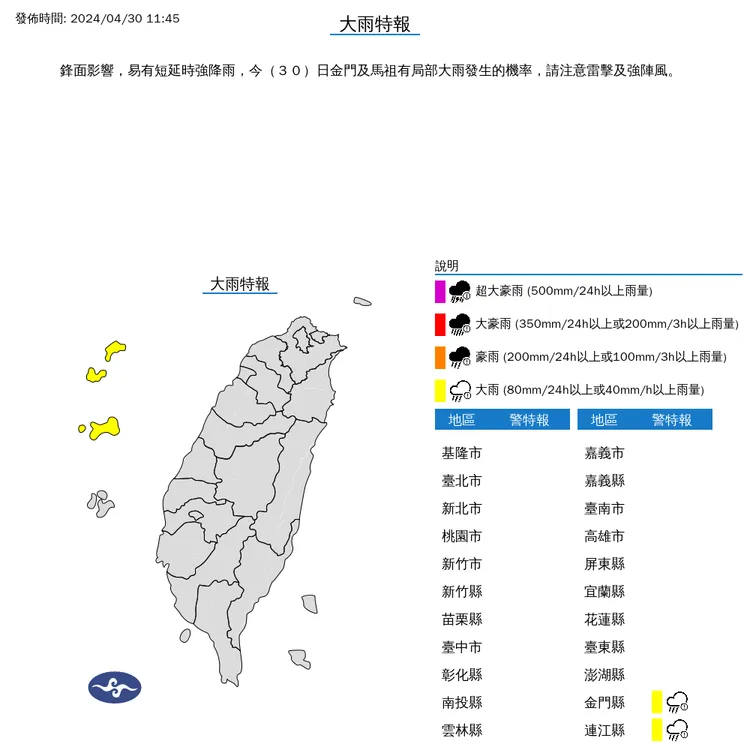 金門縣、連江縣將有局部大雨發生機率。氣象署提供