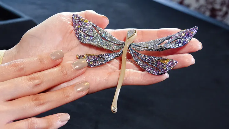 關穎特別鍾情的CINDY CHAO 20周年蜻蜓胸針，主石為2.06克拉水滴形切割白鑽；配石為白鑽、黃鑽、紫色藍寶石、藍寶石、粉紅藍寶石、橘色藍寶石、海水藍寶石；材質為牛角、18K白金、18K黃金。彭欣偉攝