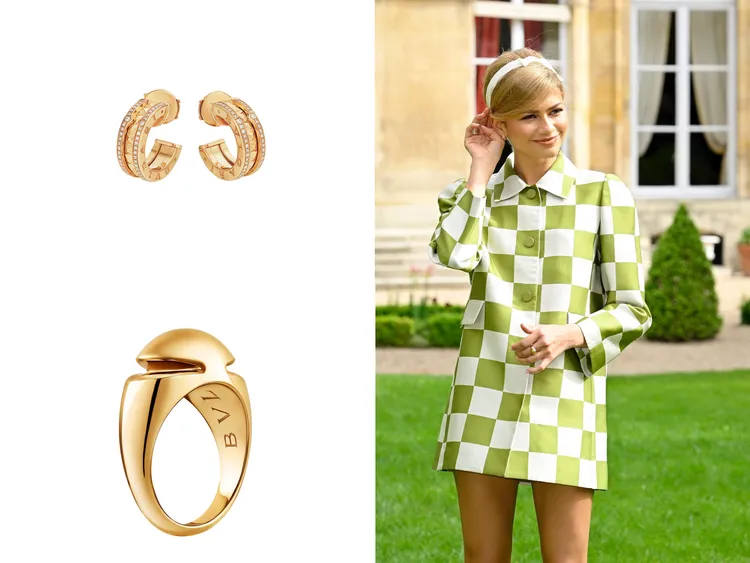 這套LV造型她搭配了寶格麗Cabochon、B.zero1 Rock系列黃K金珠寶。品牌提供