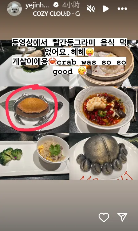 孫藝真秀出捌伍添第菜單，揭曉讓她一口接一口的菜餚是蟹肉。翻攝孫藝真IG