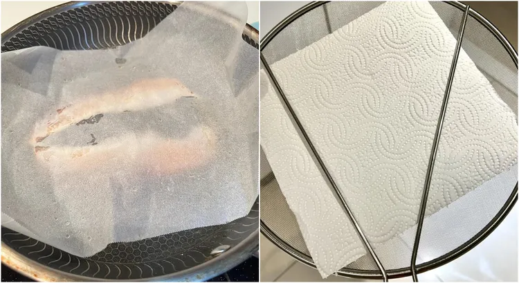 網友認為用烘焙紙（左圖）是小妙招，另外也有人使用「防噴油網」（右圖），更加上一張廚房紙巾。翻攝自臉書社團家常菜