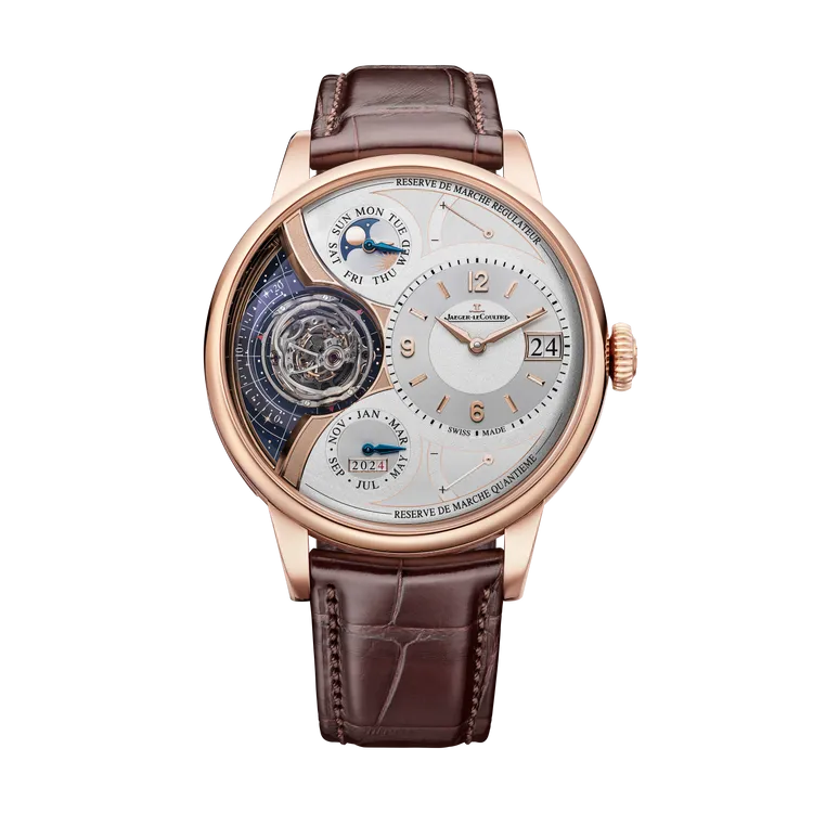 積家雙翼系列三軸陀飛輪萬年曆腕錶，44mm，18K玫瑰金錶殼，銀色乳白表面，棕色鱷魚皮錶帶，積家388型手動上鏈機械機芯，動力儲存46小時，防水深度30ㄉㄧ，限量20只，1450萬元。品牌提供