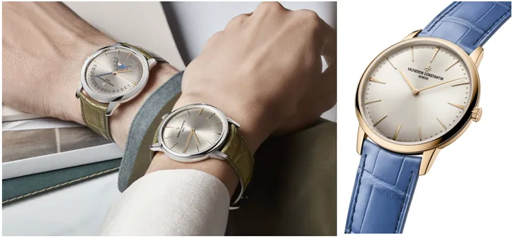 江詩丹頓Patrimony手動上鍊腕錶，18K白金/18K 5N粉紅金錶殼，古銀色旭日紋錶面，橄欖綠/蔚藍色密西西比鱷魚皮錶帶，1440江詩丹頓自製手動上鏈機械機芯，動力儲存42小時，防水深度30米。品牌提供