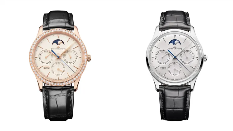 積家超薄大師系列萬年曆腕錶，39mm，積家868型自動上鏈機械機芯，動力儲存70小時，防水深度50米。玫瑰金款蛋殼錶盤131萬元、玫瑰金鑲鑽蛋殼錶盤154萬元、精鋼銀色錶盤91萬5000元。品牌提供