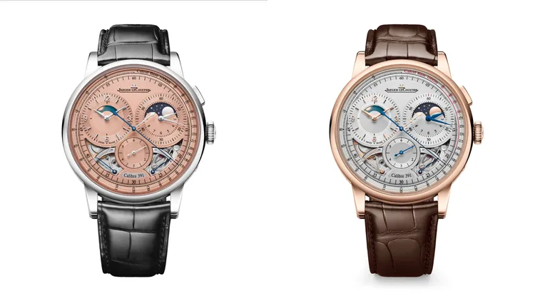 積家雙翼系列計時月相腕錶，42.5mm，18K玫瑰金/950鉑金錶殼，銀色乳白/銅色乳白錶面，鱷魚皮錶帶，積家391型手動上鏈機械機芯，動力儲存50小時，防水深度50米，玫瑰金款231萬元、鉑金款284萬元。品牌提供