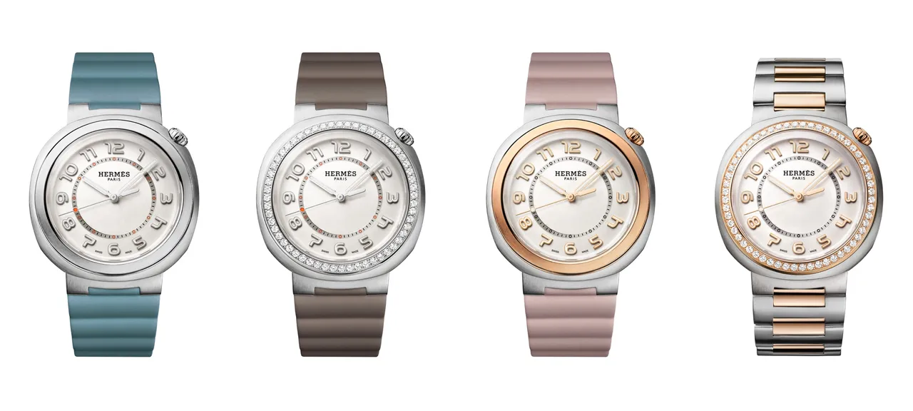 愛馬仕Hermès Cut系列腕錶,36mm,搭載自製H1912機芯,左起精鋼款23萬3500元、精鋼鑲鑽款45萬4000元、精鋼和玫瑰金雙色款34萬5900元、精鋼和玫瑰金雙色鑲鑽款76萬1200元。品牌提供