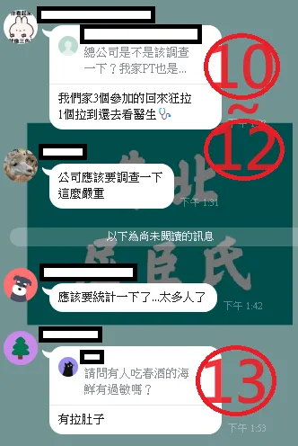 員工於群組反應又吐又拉，還跑去看醫生。投訴人提供