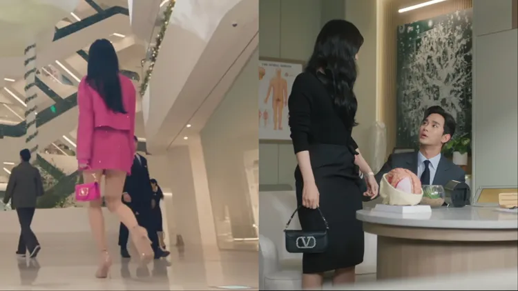金智媛在劇中的分別搭配桃紅色、黑色Valentino Garavani Locò包款。翻攝Netflix