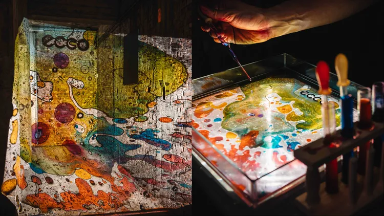 藝術家于安如以二手材料創造裝置藝術。品牌提供 藝術家謝欣翰（白油）打造「液態油墨互動光雕秀」。品牌提供