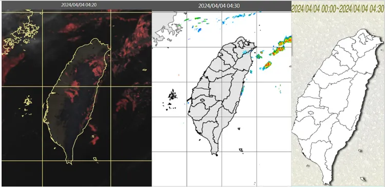 今（4）日清晨4時20分真實色雲圖顯示，台灣附近晴朗少雲（左）；4時30分雷達回波合成圖顯示，陸上無降水回波（中）；4時30分累積雨量累積雨量圖顯示，各地無降雨（右）。（圖／氣象應用推廣基金會）
