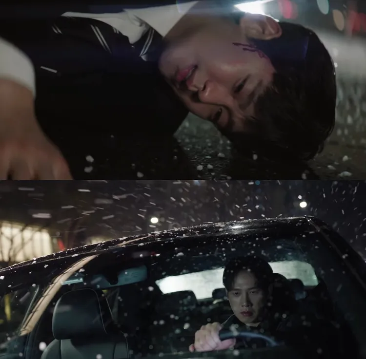 金秀賢（上圖）第15集結尾被朴成焄開車撞飛，又是車禍老梗氣炸觀眾。翻攝Netflix