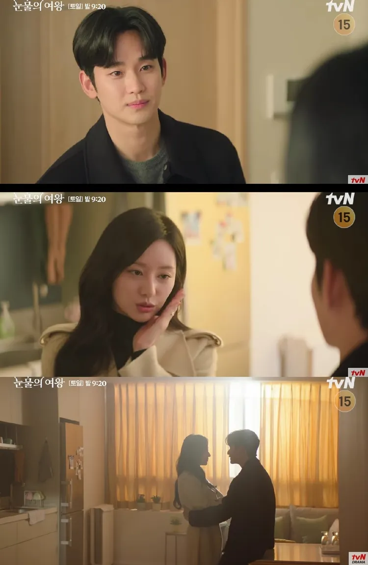 金智媛表示要做出新婚夫妻會做的舉動，金秀賢一把摟住她的腰，讓觀眾暴動。翻攝tvN